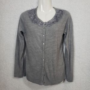Carolyn Taylor gray  Embellished Cardigan sweater  Rosette button up size S